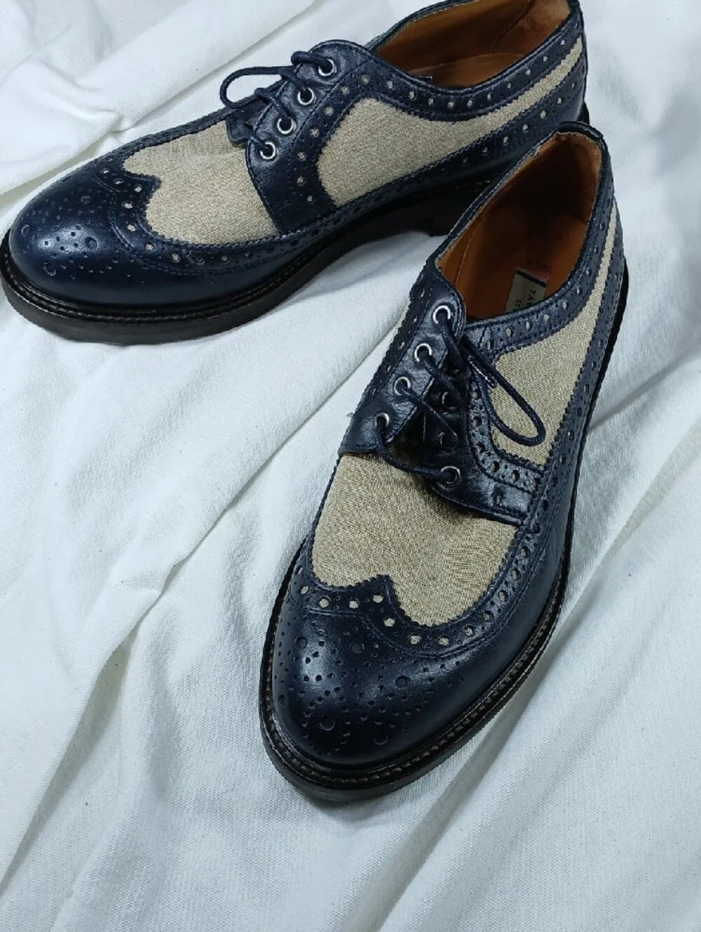 Zara Navy Leather and Beige Canvas Wingtip Derbys